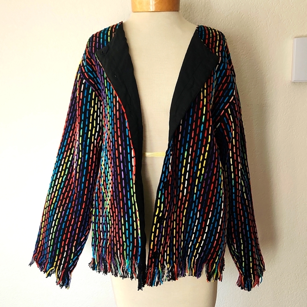 Vintage Silver Strea Multicolor Button Up Cotton Jacket With Fringe Fun Funky